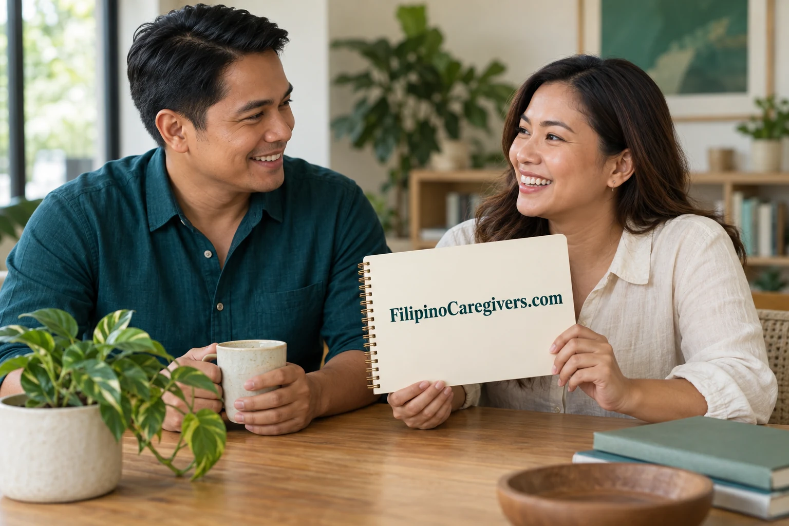 Two Filipino care professionals sharing ideas in a warm community setting